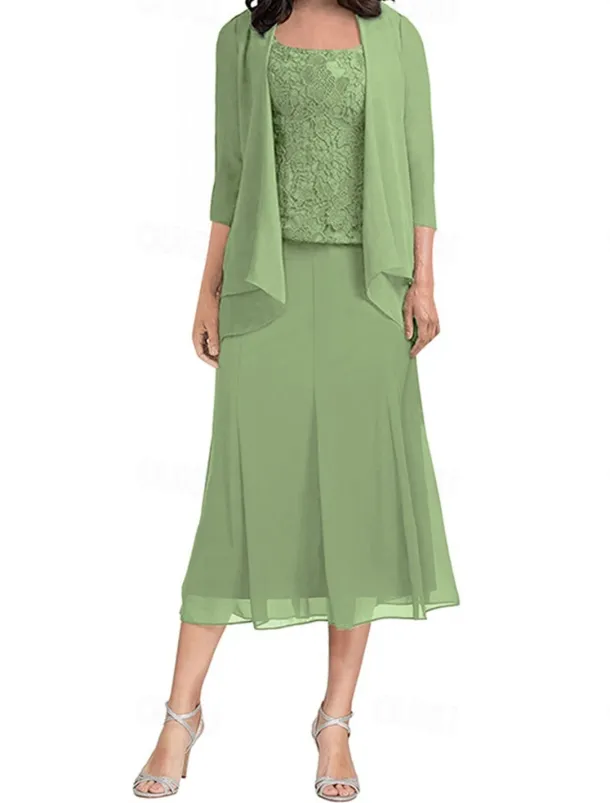 Dress Sets Mother of the Bride Dress Elegant Simple Square Neck Tea Length Polyester 3/4 Length Sleeve with Solid Color