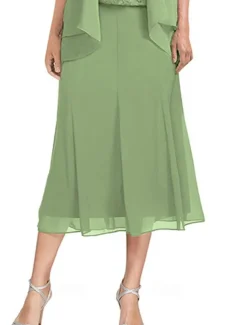 Dress Sets Mother of the Bride Dress Elegant Simple Square Neck Tea Length Polyester 3/4 Length Sleeve with Solid Color