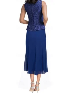 Dress Sets Mother of the Bride Dress Elegant Simple Square Neck Tea Length Polyester 3/4 Length Sleeve with Solid Color