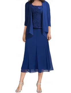 Dress Sets Mother of the Bride Dress Elegant Simple Square Neck Tea Length Polyester 3/4 Length Sleeve with Solid Color