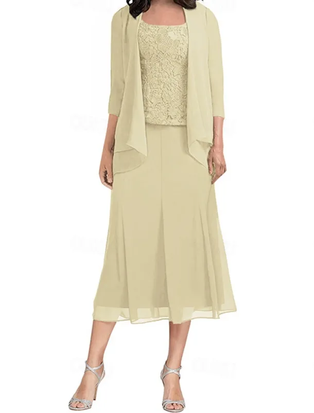 Dress Sets Mother of the Bride Dress Elegant Simple Square Neck Tea Length Polyester 3/4 Length Sleeve with Solid Color