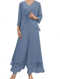 Dress Sets Mother of the Bride Dress Wedding Guest Elegant Simple V Neck Floor Length Polyester Long Sleeve with Embroidery