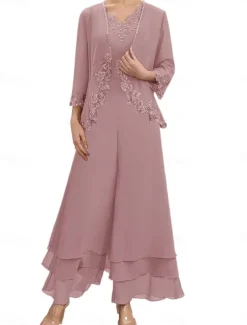 Dress Sets Mother of the Bride Dress Wedding Guest Elegant Simple V Neck Floor Length Polyester Long Sleeve with Embroidery