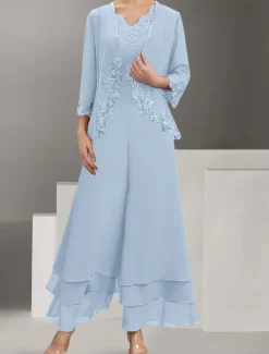 Dress Sets Mother of the Bride Dress Wedding Guest Elegant Simple V Neck Floor Length Polyester Long Sleeve with Embroidery