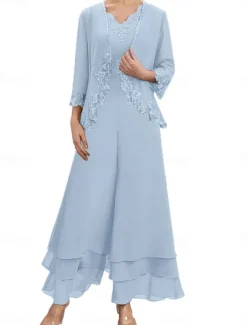 Dress Sets Mother of the Bride Dress Wedding Guest Elegant Simple V Neck Floor Length Polyester Long Sleeve with Embroidery