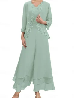 Dress Sets Mother of the Bride Dress Wedding Guest Elegant Simple V Neck Floor Length Polyester Long Sleeve with Embroidery