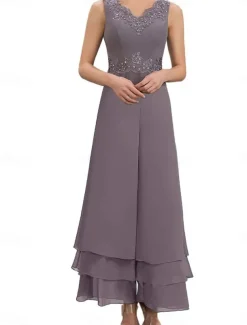 Dress Sets Mother of the Bride Dress Wedding Guest Elegant Simple V Neck Floor Length Polyester Long Sleeve with Embroidery