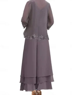 Dress Sets Mother of the Bride Dress Wedding Guest Elegant Simple V Neck Floor Length Polyester Long Sleeve with Embroidery