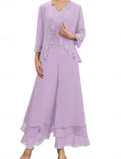 Dress Sets Mother of the Bride Dress Wedding Guest Elegant Simple V Neck Floor Length Polyester Long Sleeve with Embroidery