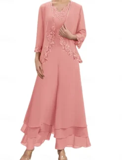 Dress Sets Mother of the Bride Dress Wedding Guest Elegant Simple V Neck Floor Length Polyester Long Sleeve with Embroidery