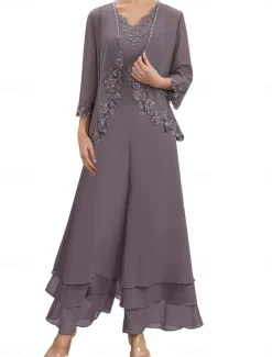 Dress Sets Mother of the Bride Dress Wedding Guest Elegant Simple V Neck Floor Length Polyester Long Sleeve with Embroidery