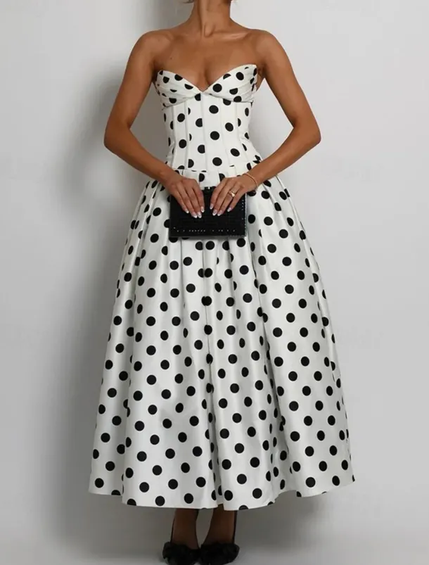 Drop Waist Corset Dress A-Line Cocktail Dresses Polka Dots Dress Formal Wedding Semi Formal Dress Tea Length Midi Length Sleeveless Sweetheart Satin with Pleats Wedding Guest Dress