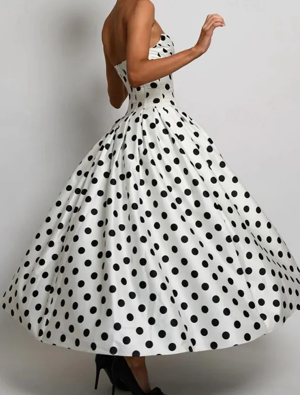 Drop Waist Corset Dress A-Line Cocktail Dresses Polka Dots Dress Formal Wedding Semi Formal Dress Tea Length Midi Length Sleeveless Sweetheart Satin with Pleats Wedding Guest Dress