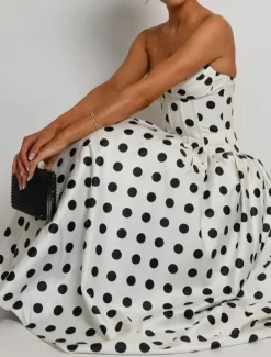 Drop Waist Corset Dress A-Line Cocktail Dresses Polka Dots Dress Formal Wedding Semi Formal Dress Tea Length Midi Length Sleeveless Sweetheart Satin with Pleats Wedding Guest Dress