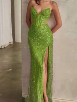 Drop Waist Dress Mermaid / Trumpet Prom Dresses Elegant Dress Formal Semi Formal Wedding Sweep / Brush Train Sleeveless Plunge Neckline with Glitter Sequin Slit