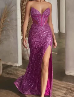 Drop Waist Dress Mermaid / Trumpet Prom Dresses Elegant Dress Formal Semi Formal Wedding Sweep / Brush Train Sleeveless Plunge Neckline with Glitter Sequin Slit