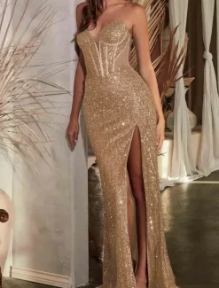 Drop Waist Dress Mermaid / Trumpet Prom Dresses Elegant Dress Formal Semi Formal Wedding Sweep / Brush Train Sleeveless Plunge Neckline with Glitter Sequin Slit