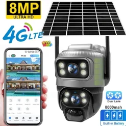 Dual Lens 4G Camera Solar PIR Human Detection Night Vision Waterproof Security Video IP Camara 8MP 4K Battery CCTV Monitor