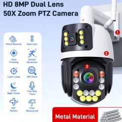 Dual Lens Outdoor WiFi Security Camera - Wireless IP Camera AI Body Tracking Colour Night Vision Two-Way Audio Waterproof Pan/Tilt Rotation