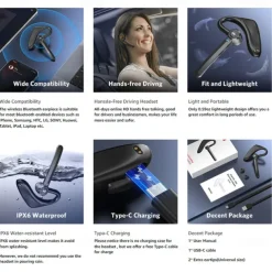 Dual-Mic AI Noise Cancelling Bluetooth Headset for Cell Phones, 30Hrs HD Talktime 10 Days Standby Wireless Bluetooth Earpiece IPX6 Waterproof Ultra-Light Wireless Headset Truckers/Office/Business