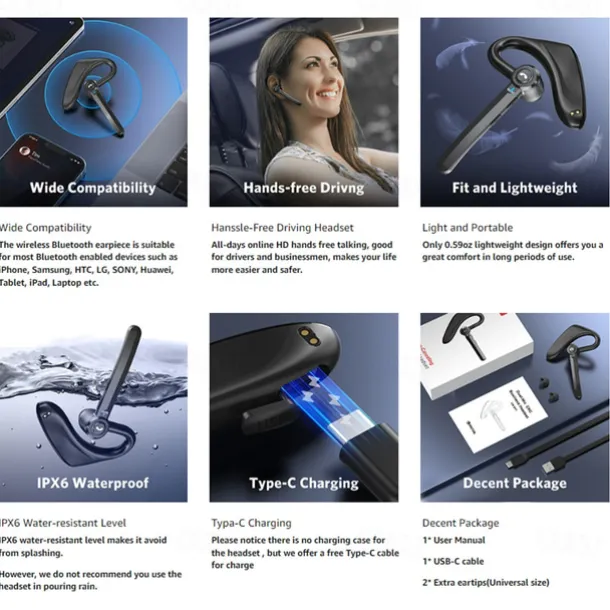 Dual-Mic AI Noise Cancelling Bluetooth Headset for Cell Phones, 30Hrs HD Talktime 10 Days Standby Wireless Bluetooth Earpiece IPX6 Waterproof Ultra-Light Wireless Headset Truckers/Office/Business