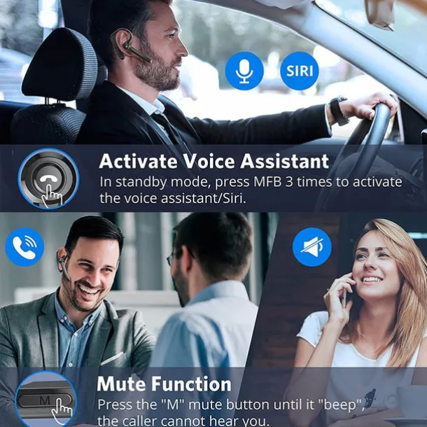 Dual-Mic AI Noise Cancelling Bluetooth Headset for Cell Phones, 30Hrs HD Talktime 10 Days Standby Wireless Bluetooth Earpiece IPX6 Waterproof Ultra-Light Wireless Headset Truckers/Office/Business