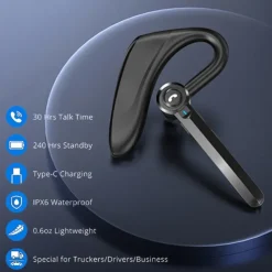 Dual-Mic AI Noise Cancelling Bluetooth Headset for Cell Phones, 30Hrs HD Talktime 10 Days Standby Wireless Bluetooth Earpiece IPX6 Waterproof Ultra-Light Wireless Headset Truckers/Office/Business