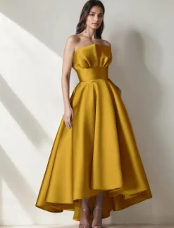DustyA-Line Cocktail Dresses High-low Dress Formal Wedding Tea Length Midi Length Sleeveless Satin with Pleats Ruffles