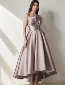 DustyA-Line Cocktail Dresses High-low Dress Formal Wedding Tea Length Midi Length Sleeveless Satin with Pleats Ruffles