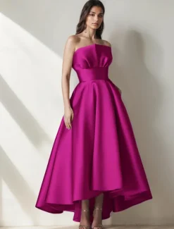 DustyA-Line Cocktail Dresses High-low Dress Formal Wedding Tea Length Midi Length Sleeveless Satin with Pleats Ruffles