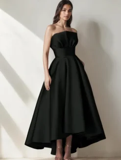 DustyA-Line Cocktail Dresses High-low Dress Formal Wedding Tea Length Midi Length Sleeveless Satin with Pleats Ruffles