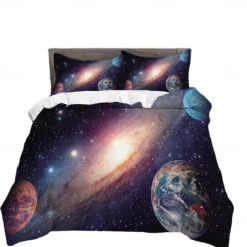 Duvet Cover Set with Zipper Reversible Universe Moon Printed Design Soft Microfiber Bedding Set Includes Duvet Cover and Pillowcases Perfect for Adding a Cosmic Touch to Your Bedroom Decor
