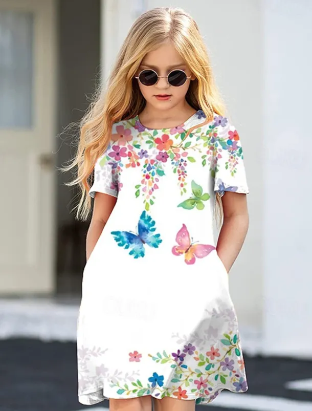 Easter Girls' 3D Floral Animal Butterfly Dress Short Sleeve 3D Print Summer Spring Vacation Daily Holiday Cute Casual Sweet Kids 3-12 Years A Line Dress Above Knee Regular Fit