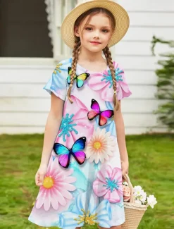 Easter Girls' 3D Floral Animal Butterfly Dress Short Sleeve 3D Print Summer Spring Vacation Daily Holiday Cute Casual Sweet Kids 3-12 Years A Line Dress Above Knee Regular Fit