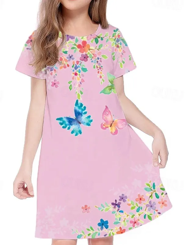 Easter Girls' 3D Floral Animal Butterfly Dress Short Sleeve 3D Print Summer Spring Vacation Daily Holiday Cute Casual Sweet Kids 3-12 Years A Line Dress Above Knee Regular Fit
