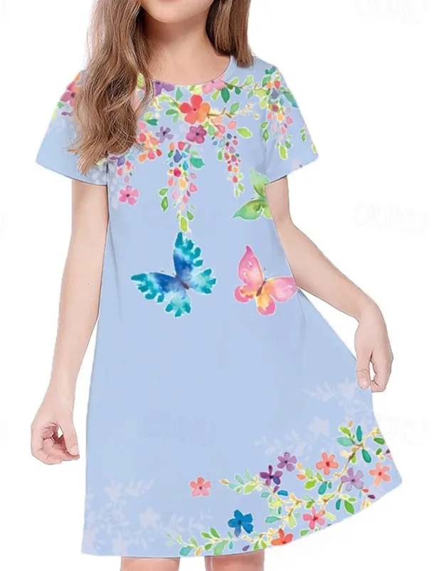 Easter Girls' 3D Floral Animal Butterfly Dress Short Sleeve 3D Print Summer Spring Vacation Daily Holiday Cute Casual Sweet Kids 3-12 Years A Line Dress Above Knee Regular Fit