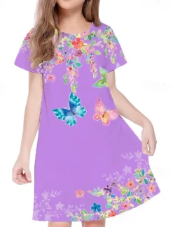 Easter Girls' 3D Floral Animal Butterfly Dress Short Sleeve 3D Print Summer Spring Vacation Daily Holiday Cute Casual Sweet Kids 3-12 Years A Line Dress Above Knee Regular Fit