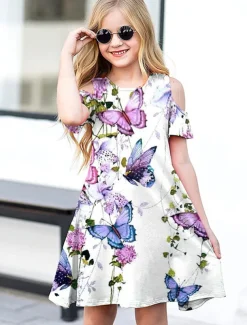 Easter Girls' 3D Floral Animal Butterfly Dress Short Sleeve 3D Print Summer Spring Vacation Daily Holiday Cute Casual Sweet Kids 3-12 Years A Line Dress Above Knee Regular Fit