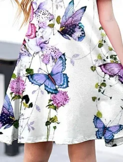 Easter Girls' 3D Floral Animal Butterfly Dress Short Sleeve 3D Print Summer Spring Vacation Daily Holiday Cute Casual Sweet Kids 3-12 Years A Line Dress Above Knee Regular Fit