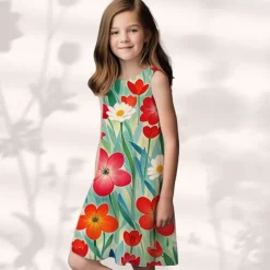 Easter Girls' 3D Floral Graphic Dress Sleeveless Summer Spring Vacation Daily Holiday Princess Beautiful Sweet Kids 4-12 Years Casual Dress A Line Dress Knee-length Regular Fit