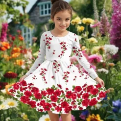 Easter Girls' 3D Floral Graphic Dress Long Sleeve Summer Spring Vacation Daily Holiday Princess Beautiful Sweet Kids 4-12 Years Casual Dress A Line Dress Knee-length Regular Fit