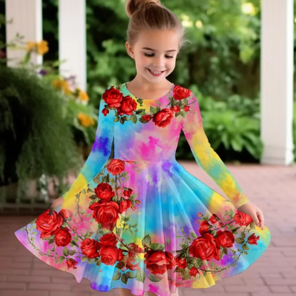 Easter Girls' 3D Floral Graphic Butterfly Dress Long Sleeve 3D Print Summer Fall Vacation Sports & Outdoor Daily Cute Casual Beautiful Kids 3-12 Years Casual Dress A Line Dress Above Knee Regular Fit