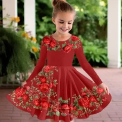 Easter Girls' 3D Floral Graphic Butterfly Dress Long Sleeve 3D Print Summer Fall Vacation Sports & Outdoor Daily Cute Casual Beautiful Kids 3-12 Years Casual Dress A Line Dress Above Knee Regular Fit