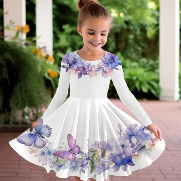 Easter Girls' 3D Floral Graphic Butterfly Dress Long Sleeve 3D Print Summer Fall Vacation Sports & Outdoor Daily Cute Casual Beautiful Kids 3-12 Years Casual Dress A Line Dress Above Knee Regular Fit