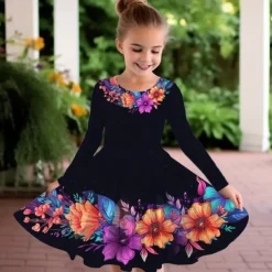 Easter Girls' 3D Floral Graphic Butterfly Dress Long Sleeve 3D Print Summer Fall Vacation Sports & Outdoor Daily Cute Casual Beautiful Kids 3-12 Years Casual Dress A Line Dress Above Knee Regular Fit