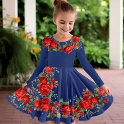 Easter Girls' 3D Floral Graphic Butterfly Dress Long Sleeve 3D Print Summer Fall Vacation Sports & Outdoor Daily Cute Casual Beautiful Kids 3-12 Years Casual Dress A Line Dress Above Knee Regular Fit