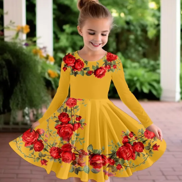 Easter Girls' 3D Floral Graphic Butterfly Dress Long Sleeve 3D Print Summer Fall Vacation Sports & Outdoor Daily Cute Casual Beautiful Kids 3-12 Years Casual Dress A Line Dress Above Knee Regular Fit