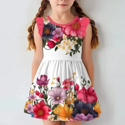 Easter Girls' 3D Floral Ruffle Dress Pink Sleeveless 3D Print Summer Daily Holiday Casual Beautiful Kids 3-12 Years Casual Dress Tank Dress Above Knee Regular Fit