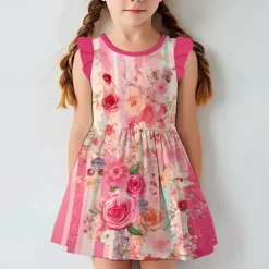 Easter Girls' 3D Floral Ruffle Dress Pink Sleeveless 3D Print Summer Daily Holiday Casual Beautiful Kids 3-12 Years Casual Dress Tank Dress Above Knee Regular Fit