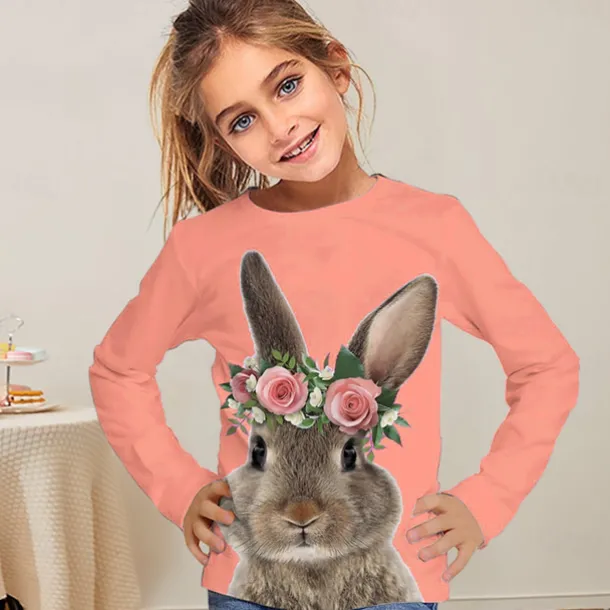 Easter Girls' 3D Graphic Animal Rabbit T shirt Tee Long Sleeve Spring Fall Fashion Basic Kids 4-12 Years Crew Neck Outdoor Casual Daily Regular Fit